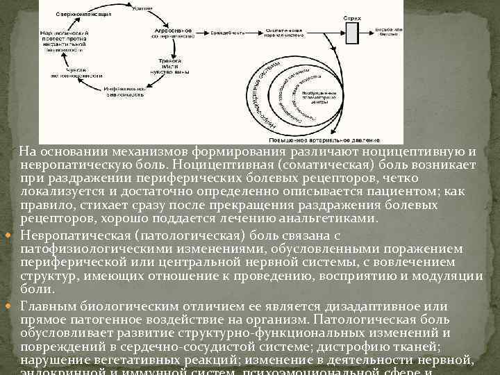  На основании механизмов формирования различают ноцицептивную и невропатическую боль. Ноцицептивная (соматическая) боль возникает