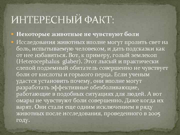 ИНТЕРЕСНЫЙ ФАКТ: Некоторые животные не чувствуют боли Исследования животных вполне могут пролить свет на