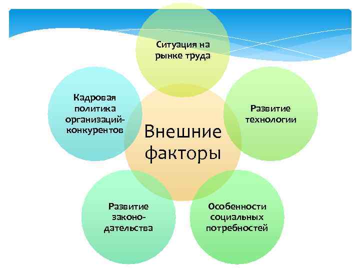 Ситуация на рынке труда Кадровая политика организацийконкурентов Внешние факторы Развитие законодательства Развитие технологии Особенности