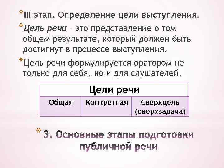 *III этап. Определение цели выступления. *Цель речи – это представление о том общем результате,