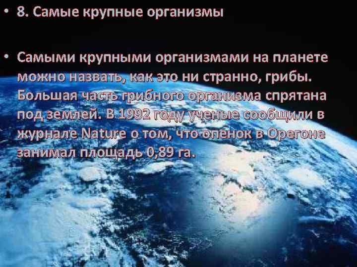  • 8. Самые крупные организмы • Самыми крупными организмами на планете можно назвать,