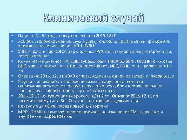 Клинический случай • • • Пациент У. , 54 года, поступил планово 2015. 12.