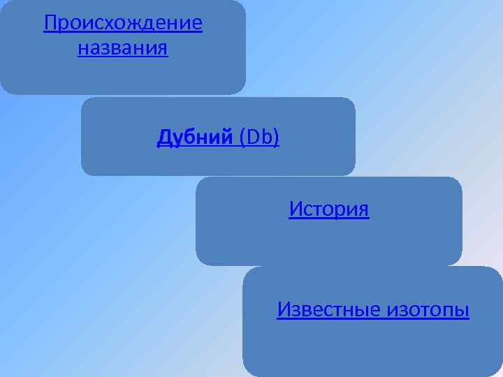 Происхождение названия Дубний (Db) История Известные изотопы 