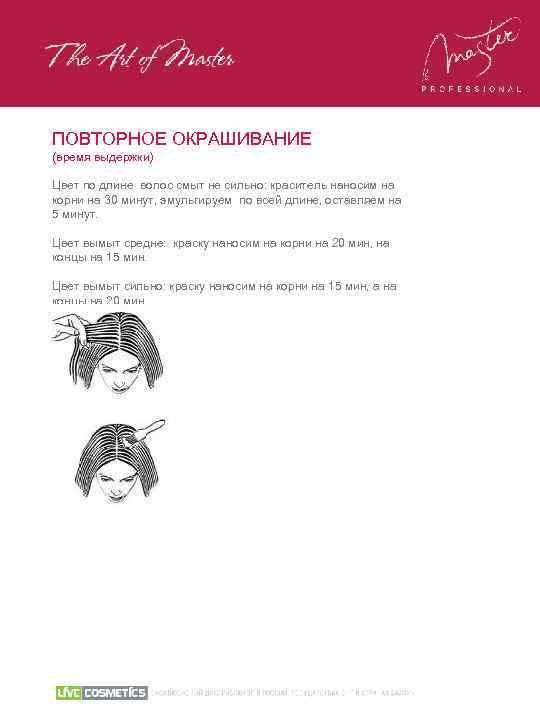 ПОВТОРНОЕ ОКРАШИВАНИЕ (время выдержки) Цвет по длине волос смыт не сильно: краситель наносим на