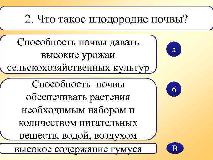 2. Что такое плодородие почвы? Способность почвы давать высокие урожаи сельскохозяйственных культур Способность почвы