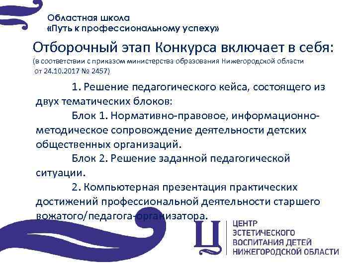 Областная школа «Путь к профессиональному успеху» Отборочный этап Конкурса включает в себя: (в соответствии