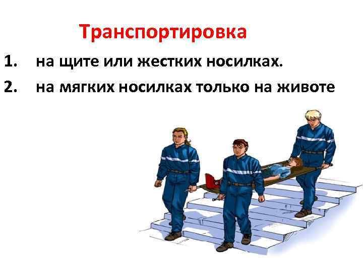 Транспортировка 1. на щите или жестких носилках. 2. на мягких носилках только на животе