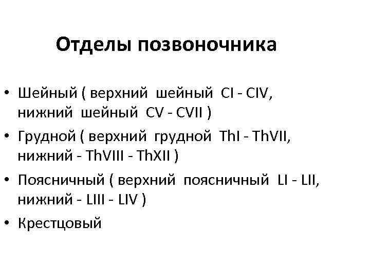 Отделы позвоночника • Шейный ( верхний шейный CI - CIV, нижний шейный CV -