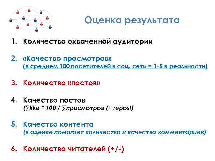 Оценка результата 1. Количество охваченной аудитории 2. «Качество просмотров» (в среднем 100 посетителей в