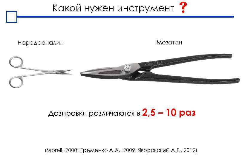 Какой нужен инструмент Норадреналин Дозировки различаются в 2, 5 Мезатон – 10 раз (Moreli,