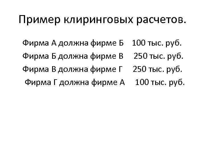 Пример клиринговых расчетов. Фирма А должна фирме Б 100 тыс. руб. Фирма Б должна
