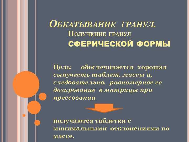 ОБКАТЫВАНИЕ ГРАНУЛ. ПОЛУЧЕНИЕ ГРАНУЛ СФЕРИЧЕСКОЙ ФОРМЫ Цель: обеспечивается хорошая сыпучесть таблет. массы и, следовательно,