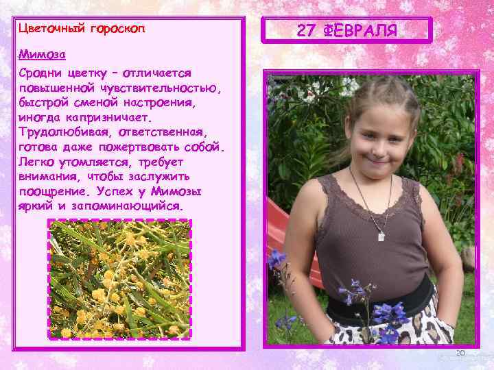 Цветочный гороскоп 27 ФЕВРАЛЯ Мимоза Сродни цветку – отличается повышенной чувствительностью, быстрой сменой настроения,