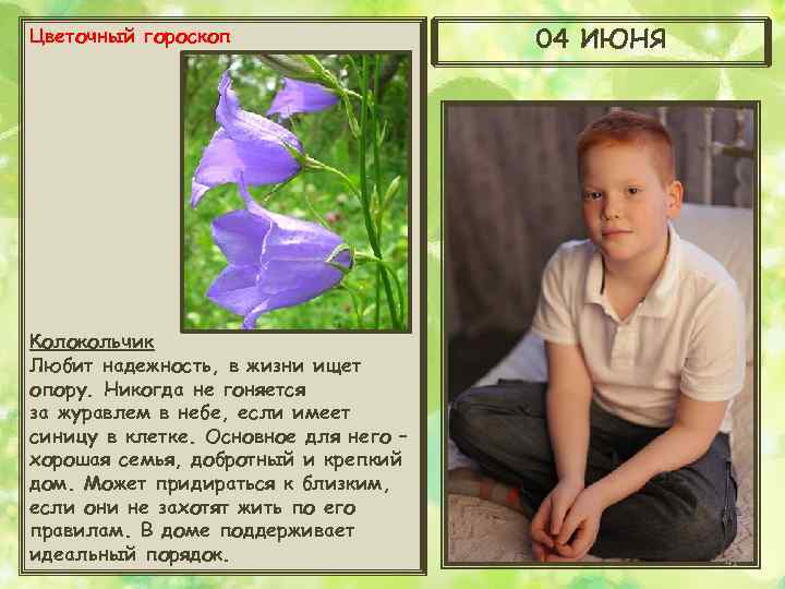 Цветочный гороскоп 04 ИЮНЯ Колокольчик Любит надежность, в жизни ищет опору. Никогда не гоняется