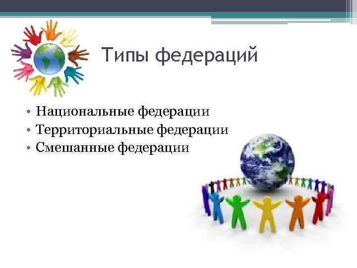 Типы федераций • Национальные федерации • Территориальные федерации • Смешанные федерации 