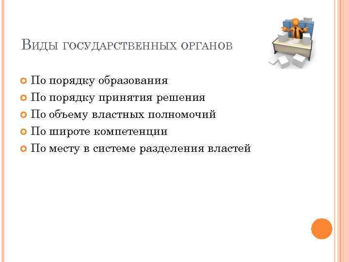 ВИДЫ ГОСУДАРСТВЕННЫХ ОРГАНОВ По порядку образования По порядку принятия решения По объему властных полномочий