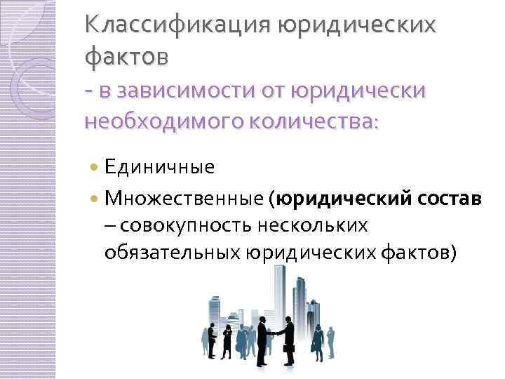 Классификация юридических фактов - в зависимости от юридически необходимого количества: Единичные Множественные (юридический состав