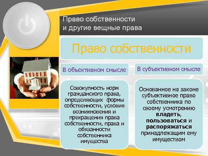 Право собственности и другие вещные права Право собственности В объективном смысле В субъективном смысле