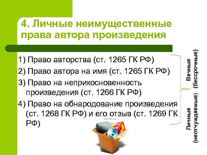 1) Право авторства (ст. 1265 ГК РФ) 2) Право автора на имя (ст. 1265