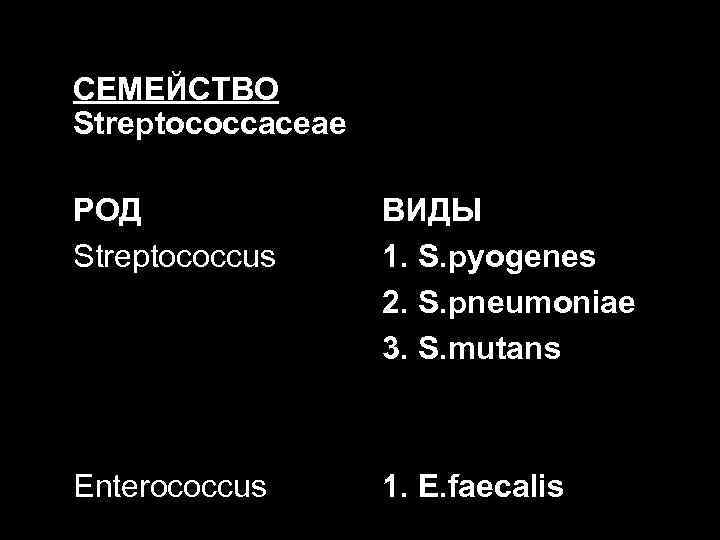 СЕМЕЙСТВО Streptococcaceae РОД Streptococcus ВИДЫ 1. S. pyogenes 2. S. pneumoniae 3. S. mutans