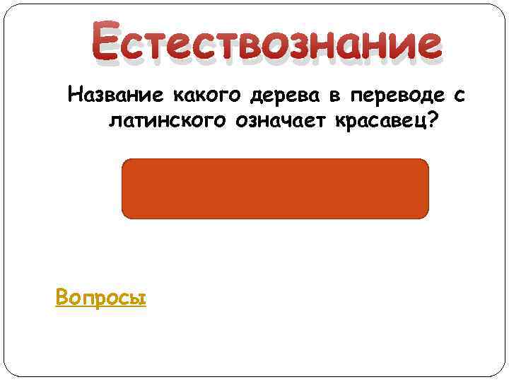 Естествознание Название какого дерева в переводе с латинского означает красавец? Дуб Вопросы 