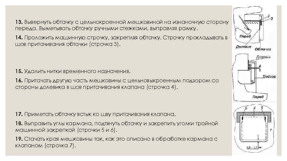 13. Вывернуть обтачку с цельнокроенной мешковиной на изнаночную сторону переда. Выметывать обтачку ручными стежками,