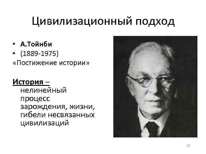 Цивилизационный подход • А. Тойнби • (1889 -1975) «Постижение истории» История – нелинейный процесс