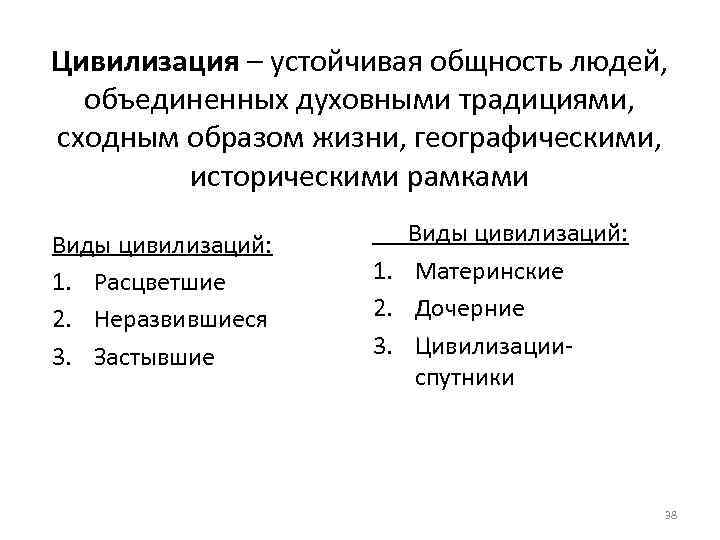 Цивилизация – устойчивая общность людей, объединенных духовными традициями, сходным образом жизни, географическими, историческими рамками