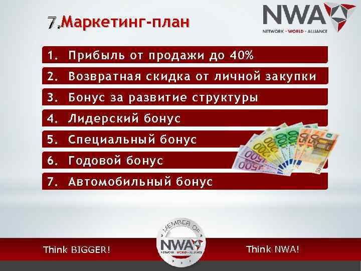 7. Маркетинг-план 1. Прибыль от продажи до 40% 2. Возвратная скидка от личной закупки