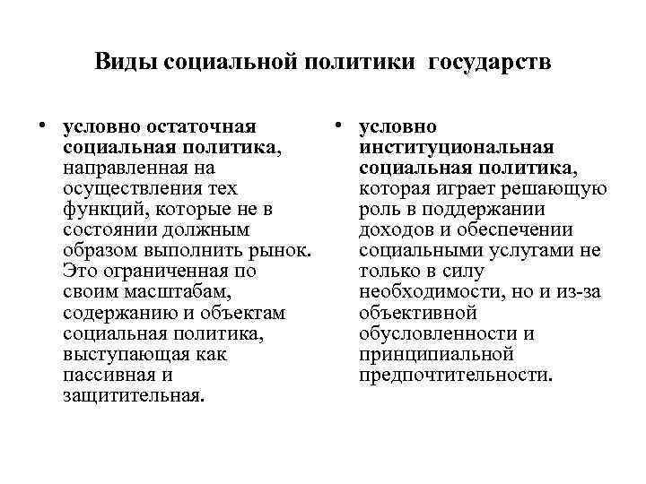 Виды социальной политики государств • условно остаточная социальная политика, направленная на осуществления тех функций,