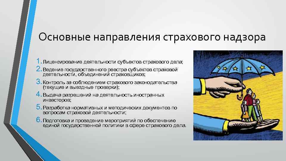 Основные направления страхового надзора 1. Лицензирование деятельности субъектов страхового дела; 2. Ведение государственного реестра