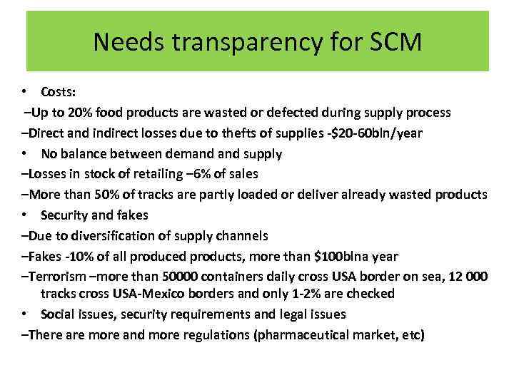 Needs transparency for SCM • Costs: –Up to 20% food products are wasted or
