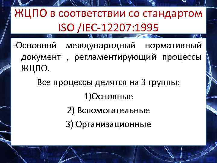 ЖЦПО в соответствии со стандартом ISO /IEC 12207: 1995 Основной международный нормативный документ ,