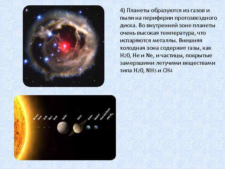 4) Планеты образуются из газов и пыли на периферии протозвездного диска. Во внутренней зоне