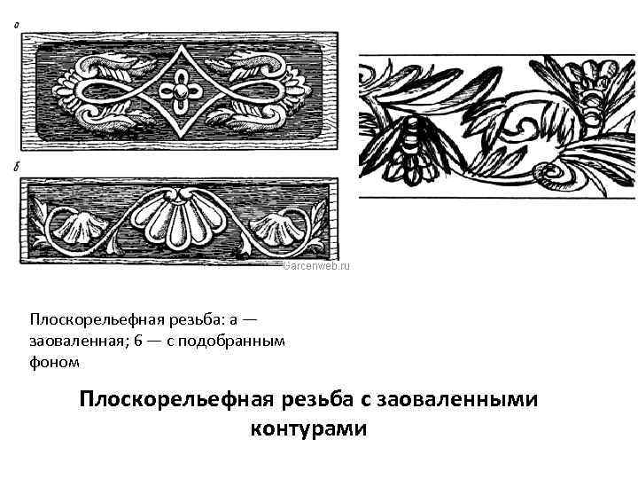 Плоскорельефная резьба: а — заоваленная; 6 — с подобранным фоном Плоскорельефная резьба с заоваленными