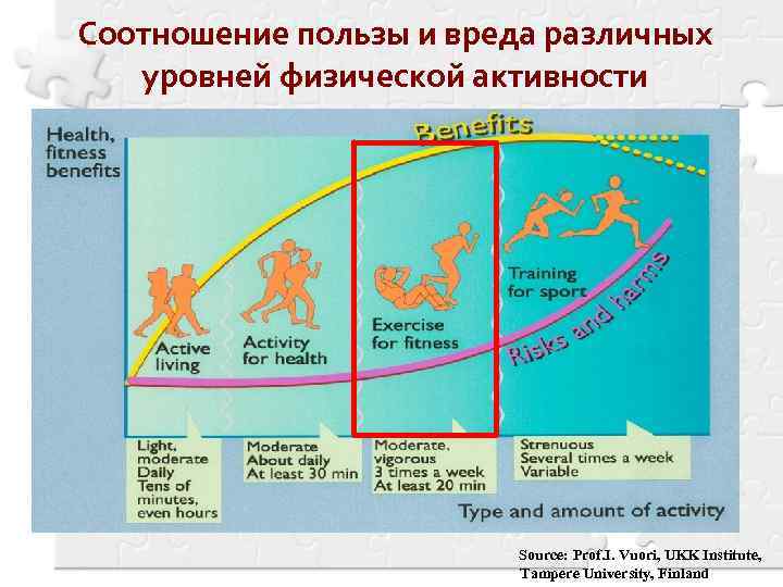 Соотношение пользы и вреда различных уровней физической активности Source: Prof. I. Vuori, UKK Institute,