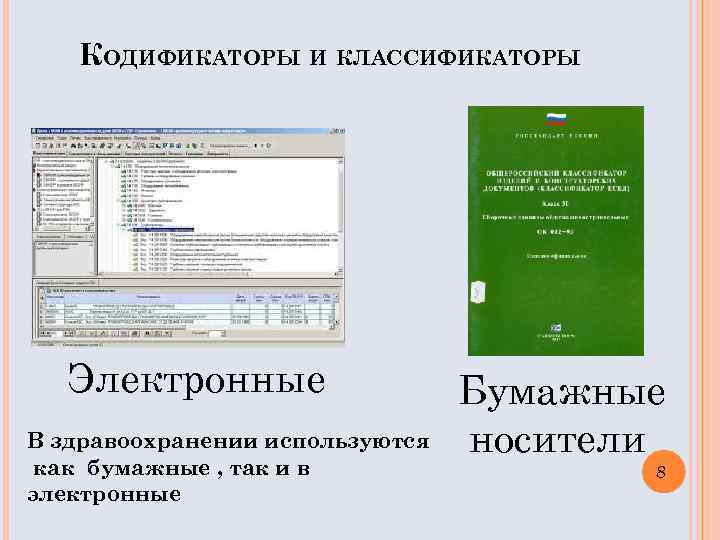 КОДИФИКАТОРЫ И КЛАССИФИКАТОРЫ Электронные В здравоохранении используются как бумажные , так и в электронные