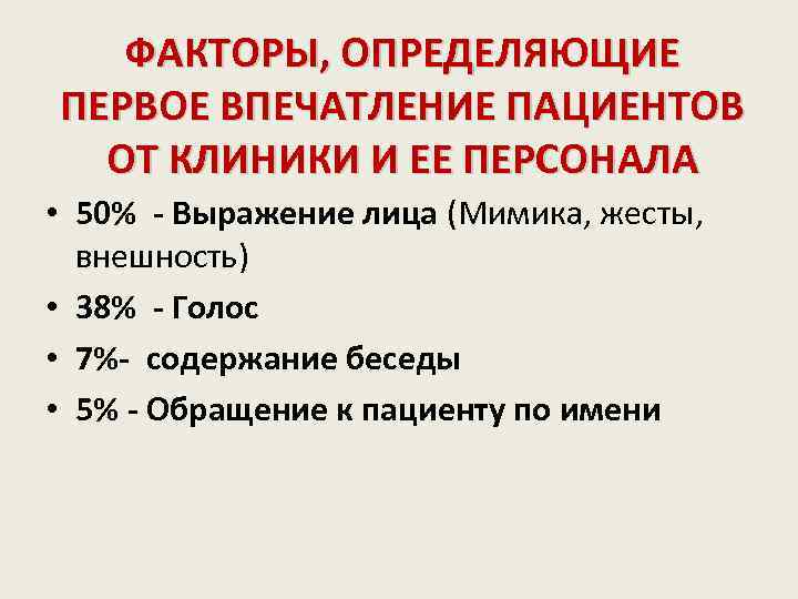 ФАКТОРЫ, ОПРЕДЕЛЯЮЩИЕ ПЕРВОЕ ВПЕЧАТЛЕНИЕ ПАЦИЕНТОВ ОТ КЛИНИКИ И ЕЕ ПЕРСОНАЛА • 50% - Выражение