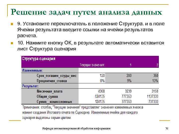 Решение задач путем анализа данных n n 9. Установите переключатель в положение Структура. и