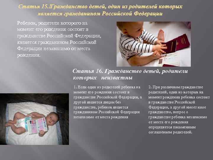 Статья 15. Гражданство детей, один из родителей которых является гражданином Российской Федерации Ребенок, родители