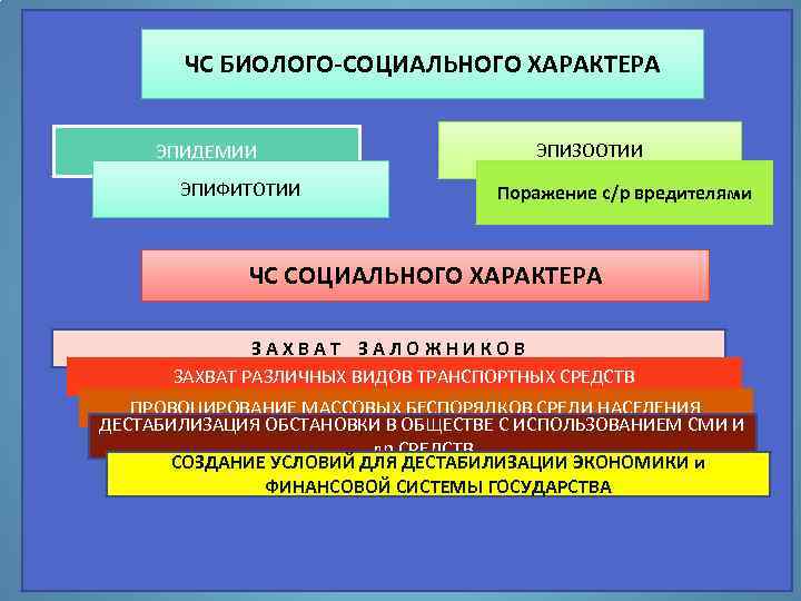 ЧС БИОЛОГО-СОЦИАЛЬНОГО ХАРАКТЕРА ЭПИДЕМИИ ЭПИФИТОТИИ ЭПИЗООТИИ Поражение с/р вредителями ЧС СОЦИАЛЬНОГО ХАРАКТЕРА ЗАХВАТ ЗАЛОЖНИКОВ