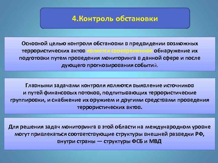 4. Контроль обстановки Основной целью контроля обстановки в предвидении возможных террористических актов является своевременное