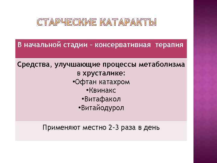 В начальной стадии – консервативная терапия Средства, улучшающие процессы метаболизма в хрусталике: • Офтан