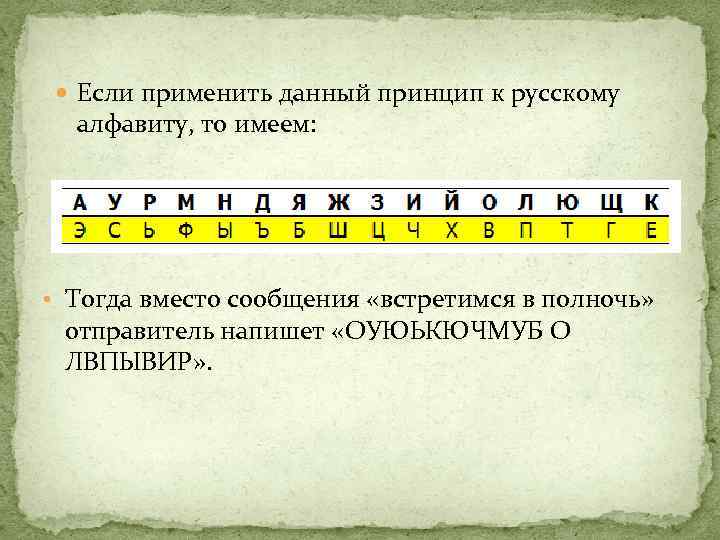  Если применить данный принцип к русскому алфавиту, то имеем: • Тогда вместо сообщения