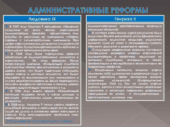 АДМИНИСТРАТИВНЫЕ РЕФОРМЫ Людовика IX Генриха II В 1247 году Людовик 9 предпринял обширные следствия