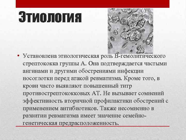 Этиология • Установлена этиологическая роль В-гемолитического стрептококка группы А. Она подтверждается частыми ангинами и