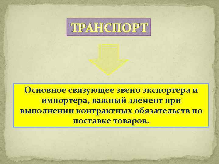 ТРАНСПОРТ Основное связующее звено экспортера и импортера, важный элемент при выполнении контрактных обязательств по