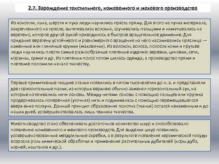 2. 7. Зарождение текстильного, кожевенного и мехового производства Из конопли, льна, шерсти и пуха