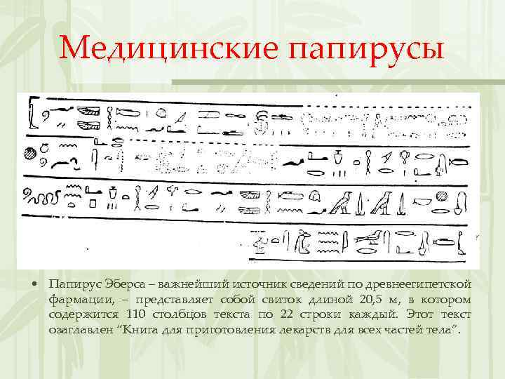 Медицинские папирусы • Папирус Эберса – важнейший источник сведений по древнеегипетской фармации, – представляет