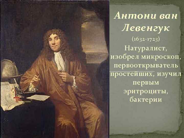 Антони ван Левенгук (1632 -1723) Натуралист, изобрел микроскоп, первооткрыватель простейших, изучил первым эритроциты, бактерии